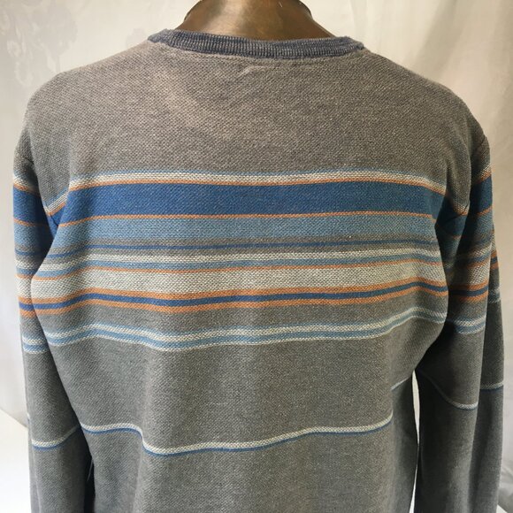 Bench Men's Blue Gray Yellow Stripe Crew Neck Sweater Size L Large Tight Knit - Picture 2 of 16
